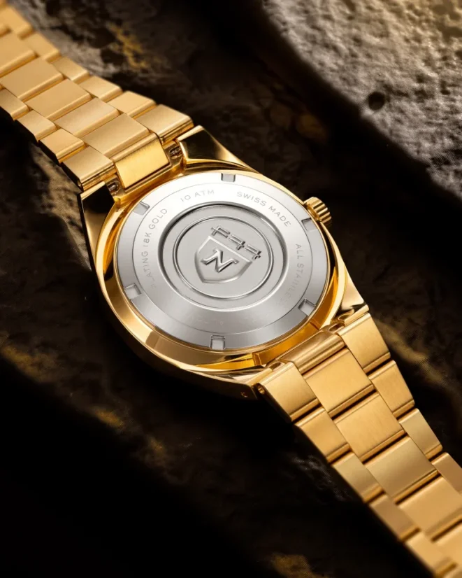 Zlaté pánske hodinky Nivada Grenchen s ocelovým opaskom F77 MARK II GOLD 68028A77 38MM Automatic