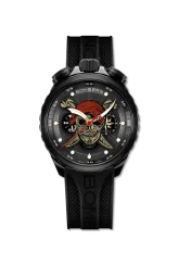 Černé pánské hodinky Bomberg s gumovým páskem PIRATE SKULL RED 45MM