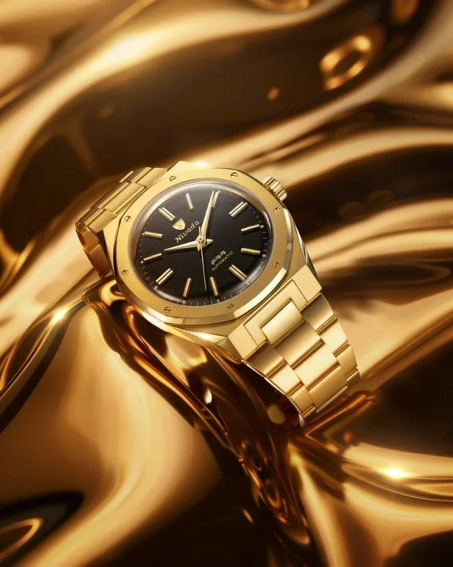 Zlaté pánske hodinky Nivada Grenchen s ocelovým opaskom F77 MARK II GOLD 68028A77 38MM Automatic