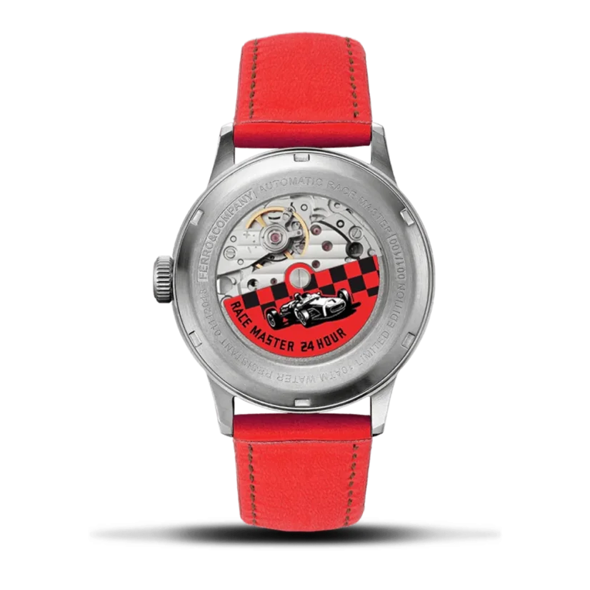 Zilveren herenhorloge van Ferro & Company met leren band Race Master Automatic Red 39MM Automatic