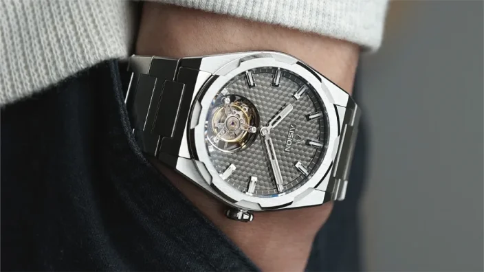 Stříbrné pánské hodinky Aisiondesign Watches s ocelovým páskem Tourbillon Hexagonal Pyramid Seamless Dial - Black 41MM