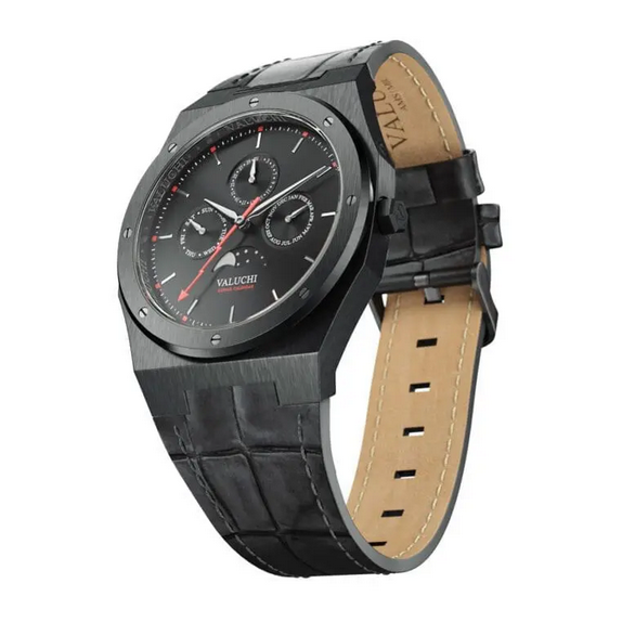 Men's black Valuchi watch with leather strap Lunar Calendar - Gunmetal Black Leather 40MM