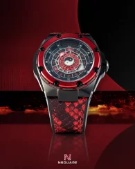 Černé pánské hodinky Nsquare s gumovým páskem FIVE ELEMENTS Black / Red 46MM Automatic