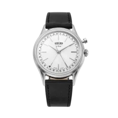Srebrni muški sat Vulcain s kožnim remenom Cricket President Silver Steel Case Back - BLACK PLAIN 38MM Automatic