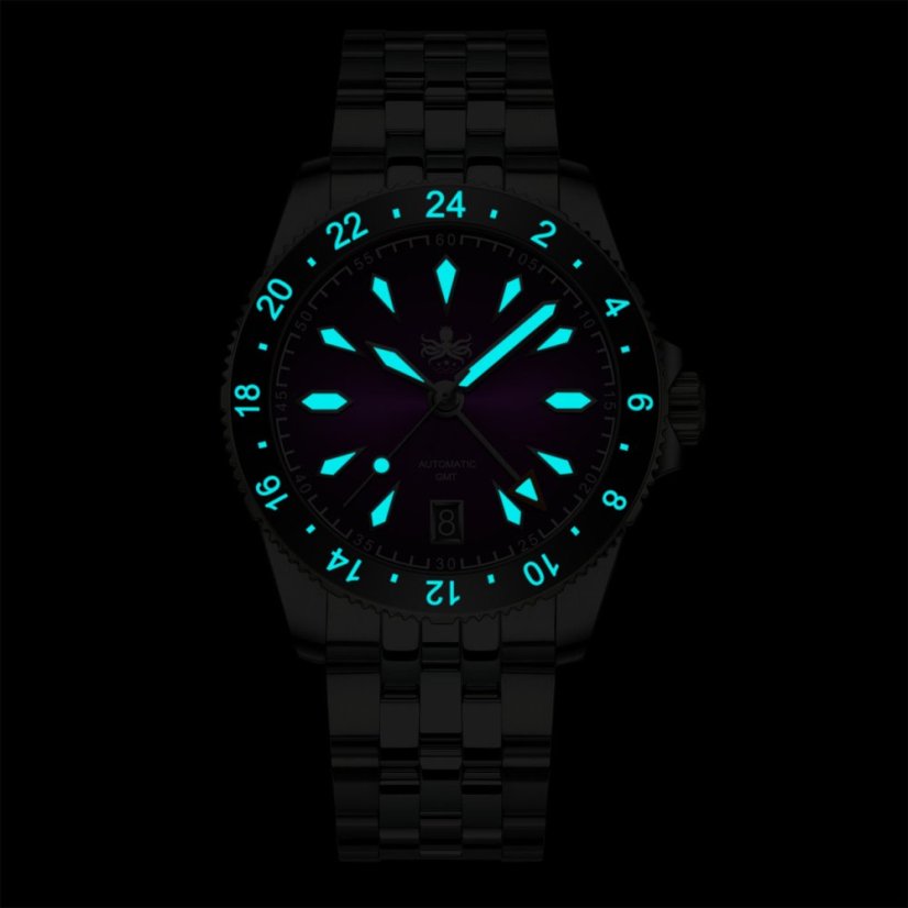 Strieborné pánske hodinky Phoibos Watches s oceľovým pásikom Voyager GMT 100M PY058E Automatic 39MM
