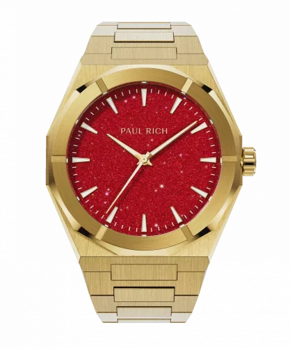 Muški zlatni sat Paul Rich s čeličnim remenom Star Dust II - Gold / Red 43MM