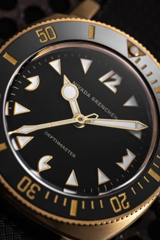 Men's gold Nivada Grenchen watch with leather strap Depthmaster Bronze 14123A16 Black Leather 39MM Automatic