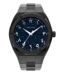 Relógio Paul Rich preto para homens com pulseira de aço Frosted Star Dust Arabic Edition - Black Midnight Oasis 45MM