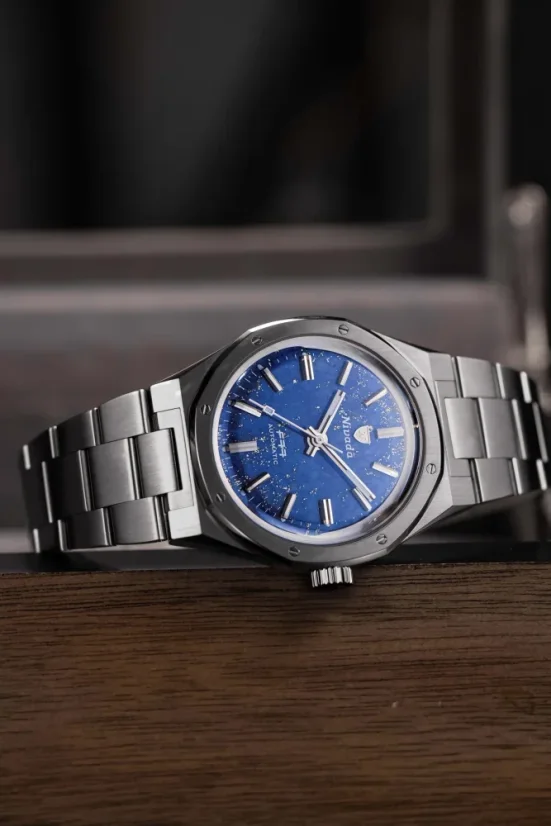 Męski srebrny zegarek Nivada Grenchen ze stalowym paskiem F77 TITANIUM LAPIS LAZULI 68017A77 37MM Automatic