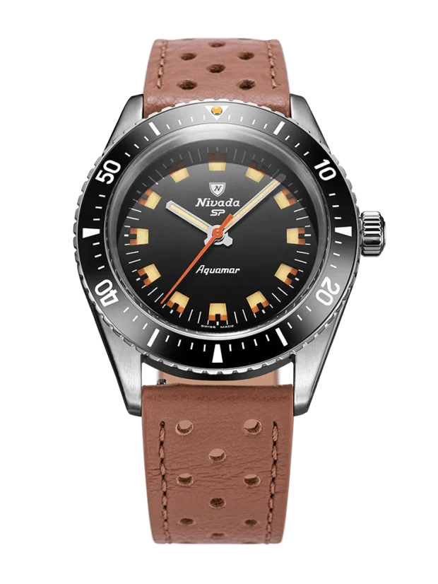 Stříbrné pánské hodinky Nivada Grenchen s koženým páskem Aquamar Black 32068A23 38MM Automatic
