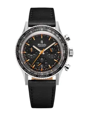 Men's silver Nivada Grenchen watch with leather strap Tachymeter Bezel Chronoking Mecaquartz Inter. Bezel Black Leather 87040Q17 38MM