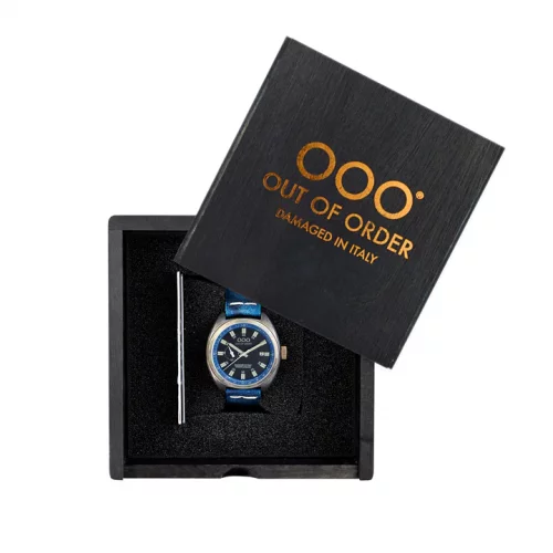Męski srebrny zegarek Out Of Order Watches ze skórzanym paskiem Torpedine Blue 42MM Automatic