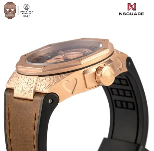 Złoty męski zegarek Nsquare e skórzanym paskiem The Magician Gold 46MM Automatic