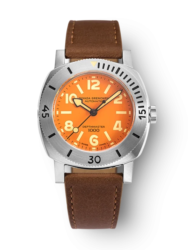 Men's silver Nivada Grenchen watch with leather strap Orange Depthmaster 14127A16 39MM Automatic