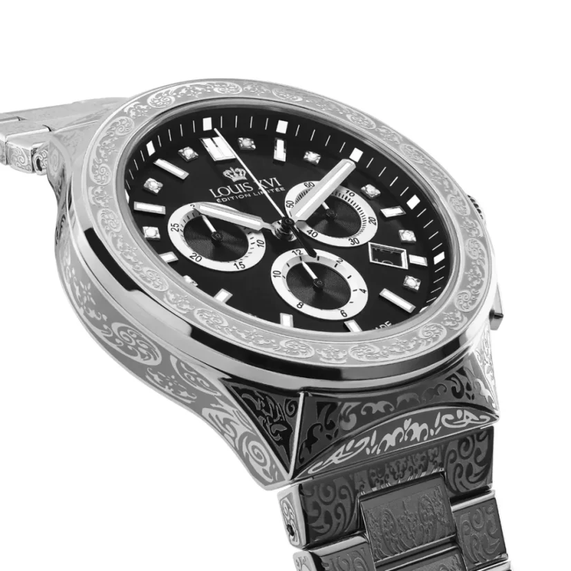 Montre Louis XVI pour homme en argent avec bracelet en acier Frosted Le Monarque 1214 - Silver 42MM