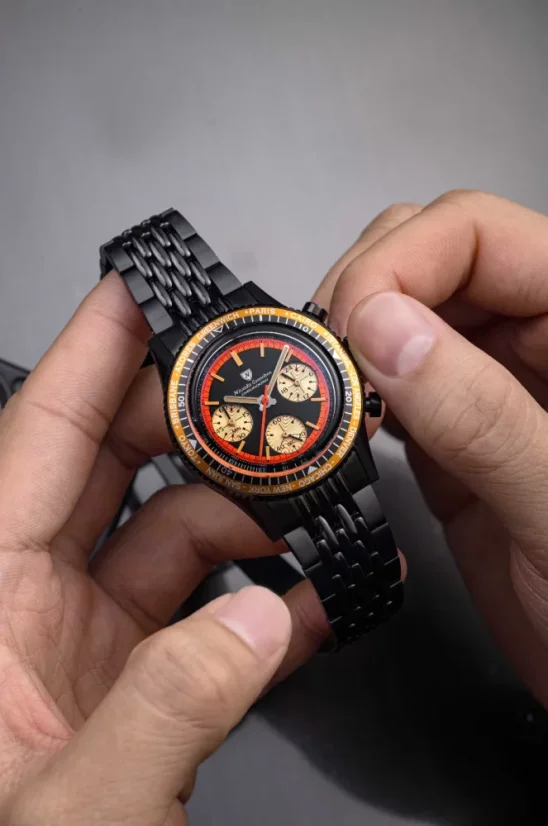 Orologio da uomo Nivada Grenchen nero con cinturino in acciaio Chronoking Mecaquartz Steel Black 87041Q04 38MM