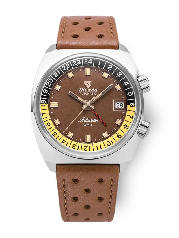 Men's silver Nivada Grenchen watch with leather strap Antarctic GMT - Tropical 32061A23 36MM Automatic