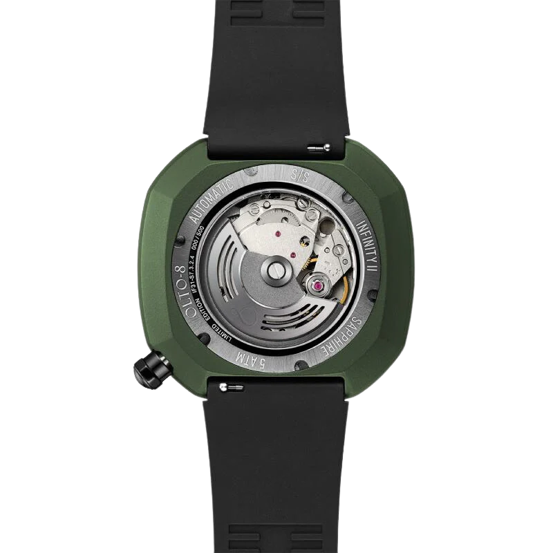 Zielony zegarek męski OLTO-8 z gumowym paskiem INFINITY-II RPM-Style Roman Numerals Green / Black 44MM Automatic