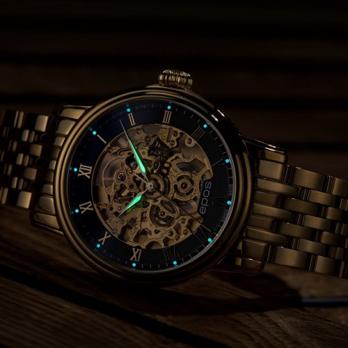 Zlaté pánske hodinky Epos s oceľovým opaskom Emotion 3390.156.22.25.32 41MM Automatic