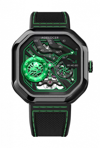 Reloj Agelocer Watches negro de hombre con banda de goma Volcano Series Black / Green 44.5MM Automatic