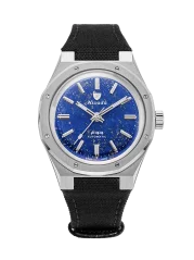 Stříbrné pánské hodinky Nivada Grenchen s textilním páskem F77 STAINLESS STEEL LAPIS LAZULI 68009A77-BC 37MM Automatic