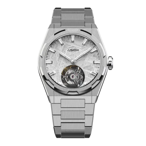 Srebrny zegarek męski Aisiondesign Watches z pasem stalowym Tourbillon - Meteorite Dial Silver 41MM