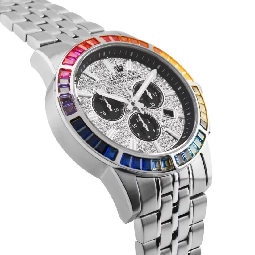 Men's silver Louis XVI watch with steel strap Majesté Iced Out Rainbow - Silver 43MM