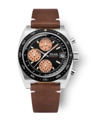 Men's silver Nivada Grenchen watch with leather strap Chronosport Mecaquartz Salmon 77002Q14 38MM