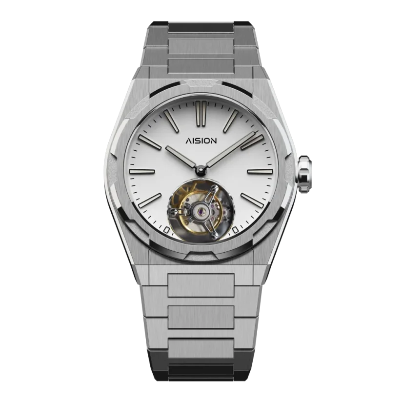 Men's silver Aisiondesign Watches with steel Tourbillon Hexagonal Pyramid Seamless Dial - White 41MM