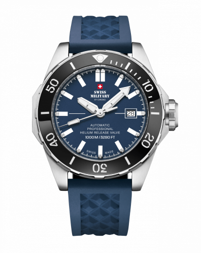 Ασημένιο ρολόι Swiss Military Hanowa για άντρες με λαστιχάκι Dive 1.000M SMA34092.05 45MM Automatic