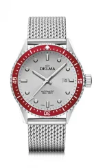 Męski srebrny zegarek Delma Watches ze stalowym paskiem Cayman Silver / Red 42MM Automatic