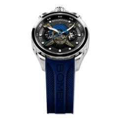Montre Bomberg Watches pour hommes de couleur argent avec élastique PIRATE SKULL BLUE 45MM