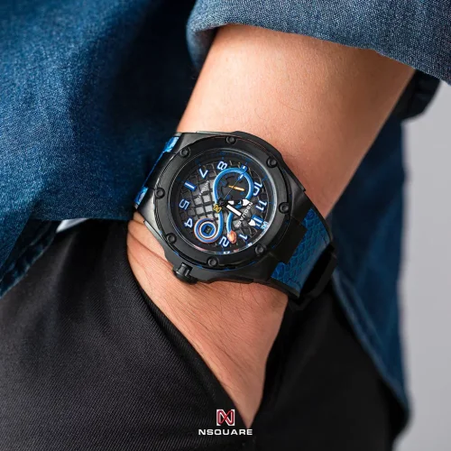 Čierne pánske hodinky Nsquare s koženým opaskom SnakeQueen Dazzling Blue 46MM Automatic