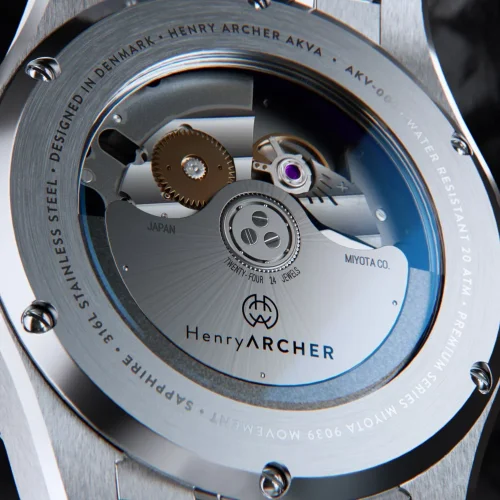 Miesten hopeinen Henryarcher Watches -kello teräshihnalla Akva - Coral Green 40MM Automatic