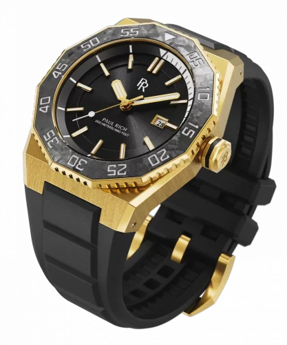 Gouden herenhorloges van Paul Rich met een rubberen band Aquacarbon Pro Imperial Gold - Sunray 43MM Automatic
