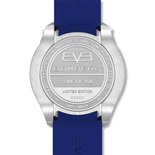 Srebrny zegarek męski Bomberg Watches z gumowym paskiem PIRATE SKULL BLUE 45MM