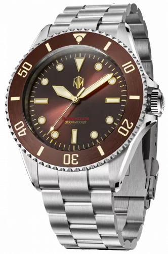 Męski srebrny zegarek NTH Watches ze stalowym paskiem Barracuda No Date - Brown Automatic 40MM