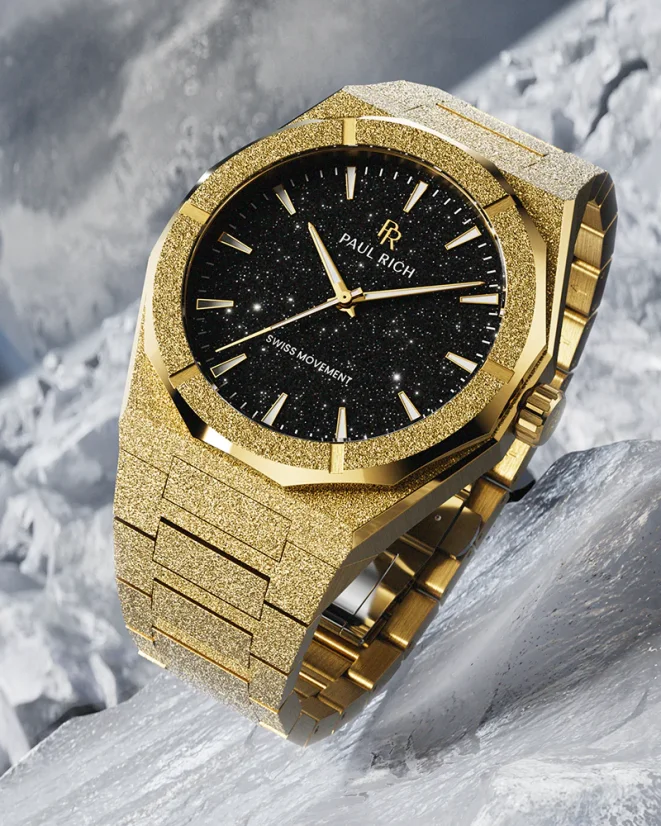 Zlaté pánske hodinky Paul Rich s oceľovým pásikom Frosted Star Dust II - Void Gold 43MM
