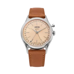Srebrni muški sat Vulcain s kožnim remenom Cricket President Pale Salmon Steel Case Back - BROWN PLAIN 38MM Automatic