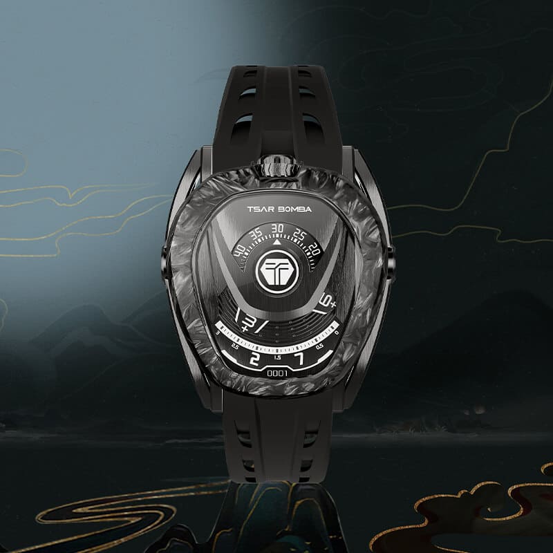 Men's black Tsar Bomba Watch with a rubber band TB8213 - All Black Automatic 44MM