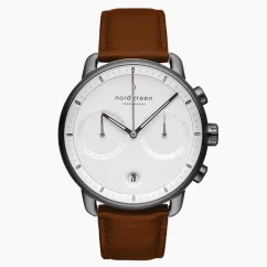 Men's black Nordgreen watch with leather strap Pioneer White Dial - Brown Leather / Gun Metal 42MM