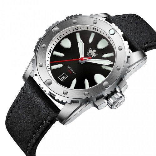 Strieborné pánske hodinky Phoibos Watches s koženým pásikom Great Wall 300M - Black Automatic 42MM Limited Edition
