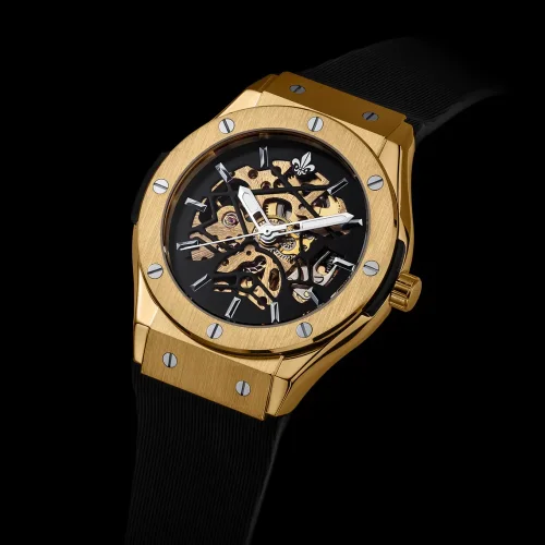 Złoty zegarek męski Ralph Christian z gumką Prague Skeleton Deluxe - Gold Automatic 44MM