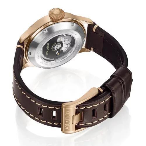 Złoty zegarek męski Aquatico Watches ze skórzanym paskiem Big Pilot Brown Automatic 43MM