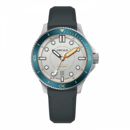 Strieborné pánske hodinky Circula Watches s gumovým pásikom DiveSport Titan - Grey / Petrol Aluminium 42MM Automatic