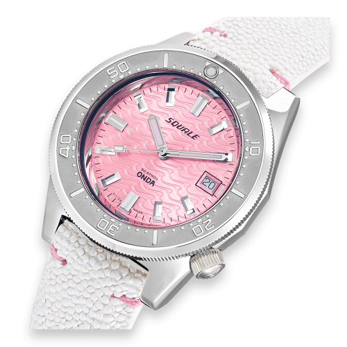 Strieborné pánske hodinky Squale s koženým pásikom 1521 Onda Pink Leather - Silver 42MM Automatic