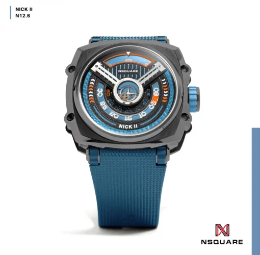 Czarny zegarek męski Nsquare ze gumowym paskiem NSQUARE NICK II Black / Blue 45MM Automatic