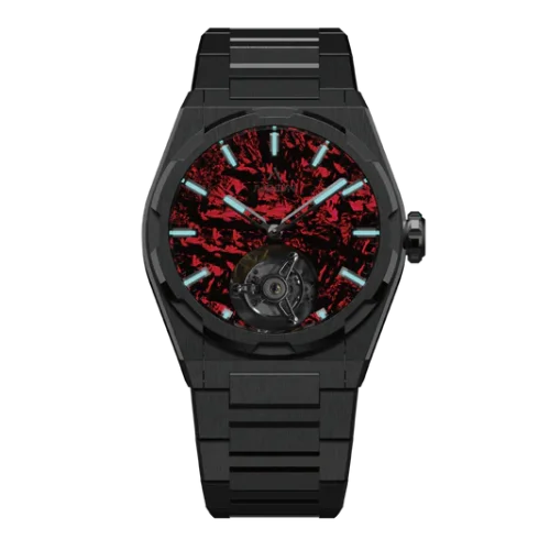 Relógio Aisiondesign Watches preto para homem com pulseira de aço Tourbillon - Lumed Forged Carbon Fiber Dial - Red 41MM