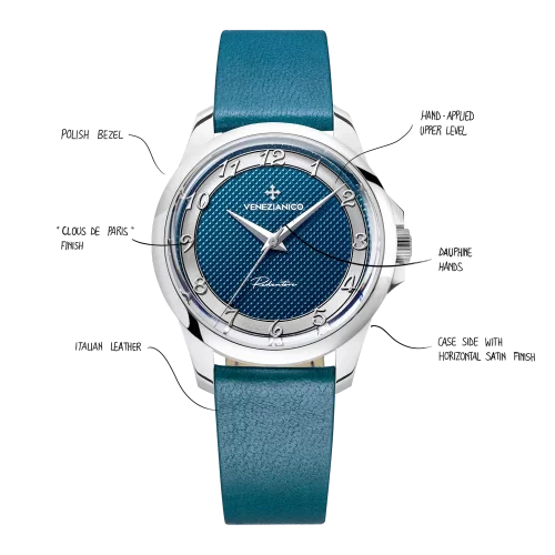 Relógio masculino de prata Venezianico com uma pulseira de couro Redentore Laguna 1121511 36MM