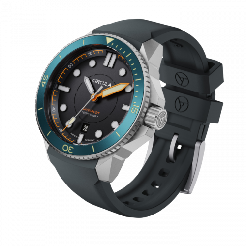 Męski srebrny zegarek Circula Watches z gumowym paskiem DiveSport Titan - Black / Petrol Aluminium 42MM Automatic